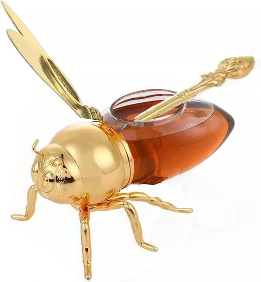 Bee Honey Pot with Dipper – Glass Jar, Hinged Wing Lid, Kitchen Storage & Gift