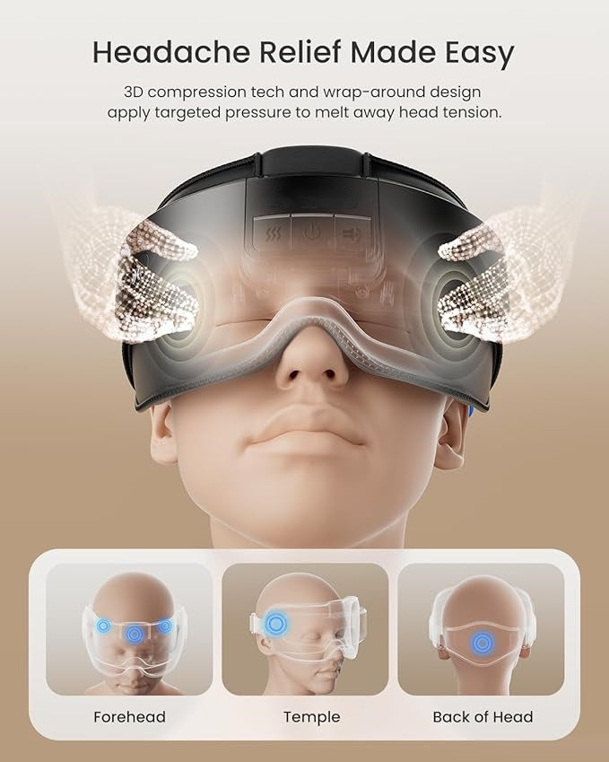 Head & Eye Massager – 3D Compression, Heat, Adjustable Intensity, and Bluetooth Music