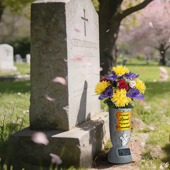 Solar Cemetery Grave Vase – LED Angel Headstone Vase with Ground Spike