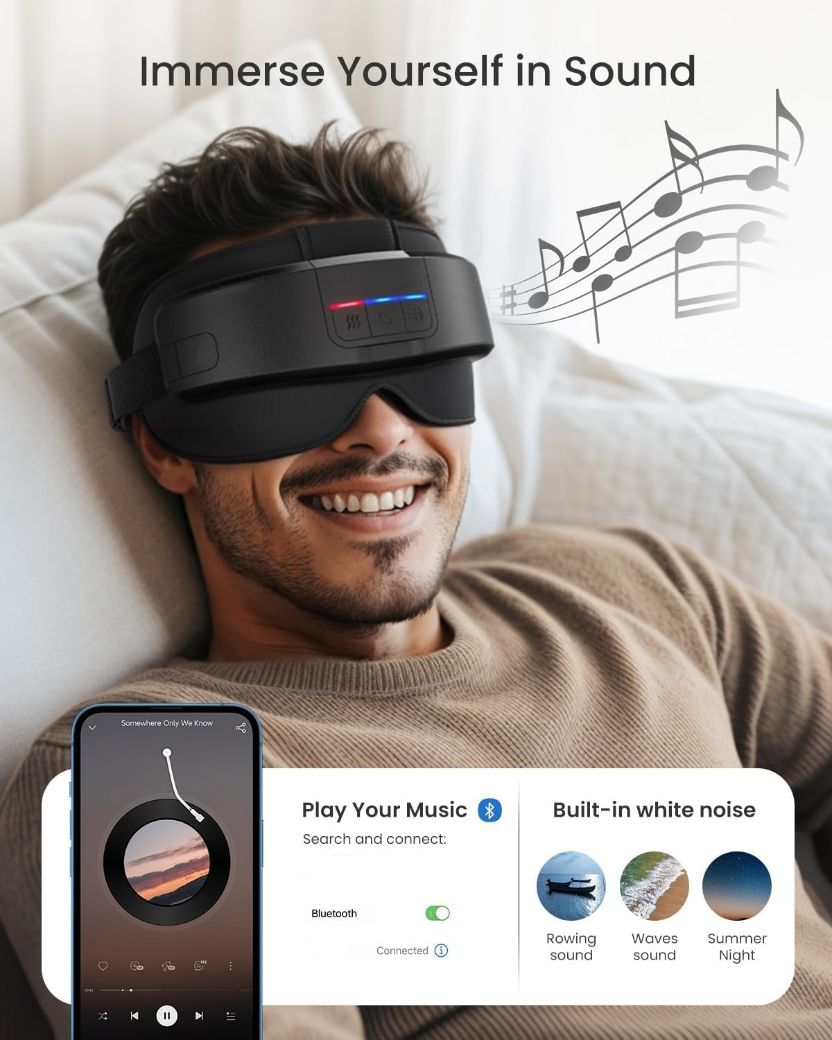 Head & Eye Massager – 3D Compression, Heat, Adjustable Intensity, and Bluetooth Music