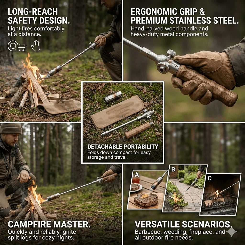 Long Flame Igniter – Portable Camping & BBQ Gas Burner with Wooden Handle
