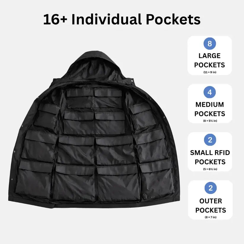 Packable Travel Coat – 100% Nylon Waterproof Shell with 16 Pockets & Matching Duffel Bag