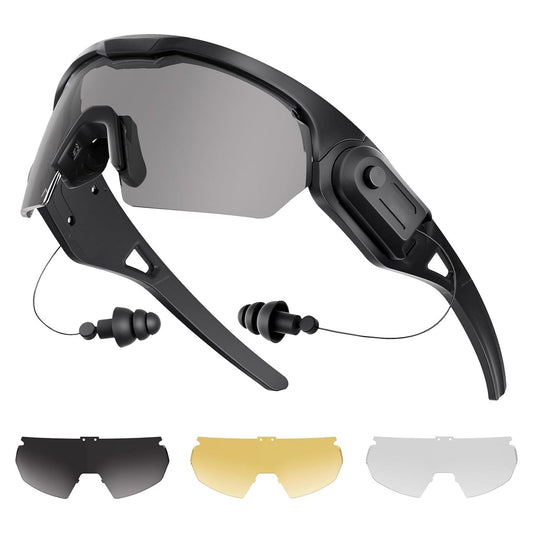 Shooting glasses with earplugs – Built-in Hearing Protection That Clicks Back