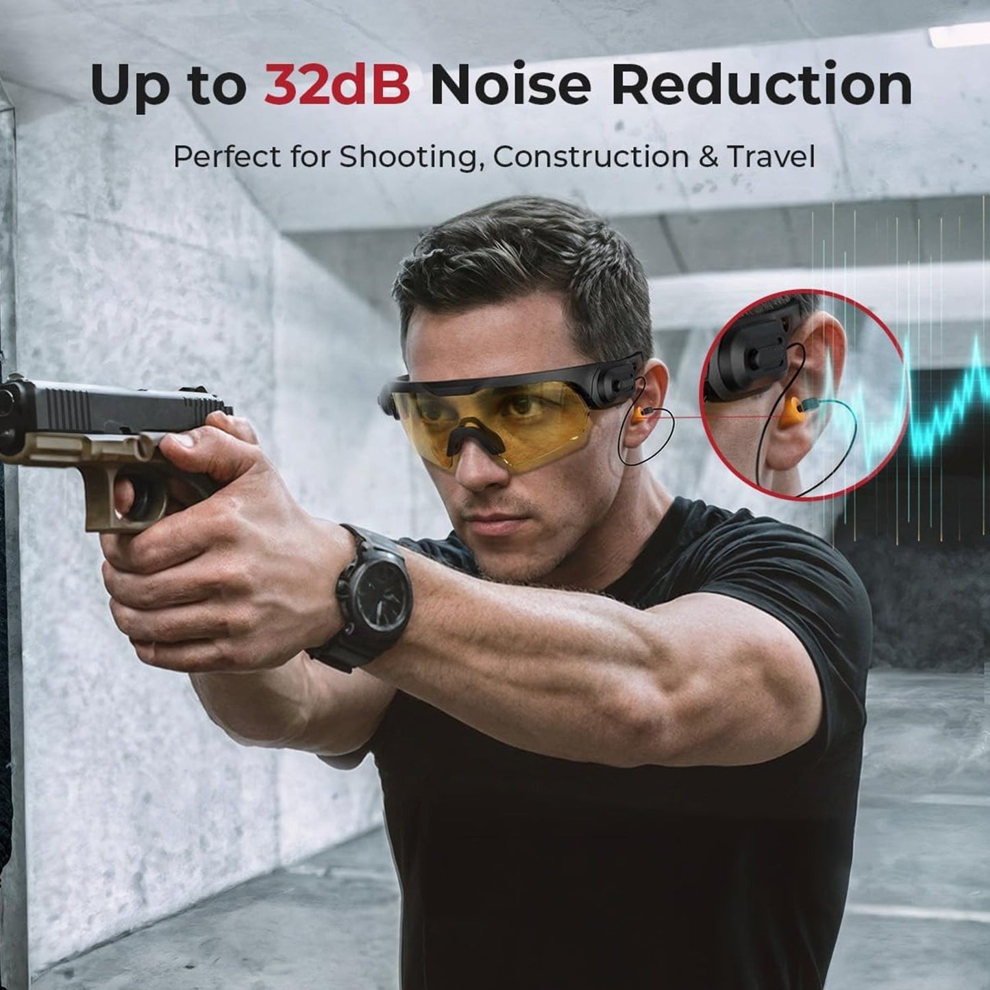 Shooting glasses with earplugs – Built-in Hearing Protection That Clicks Back