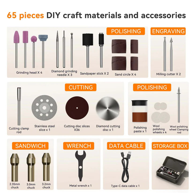 Cordless Rotary Engraving Pen – Brushless Motor, 8 Speeds, 65 Accessories